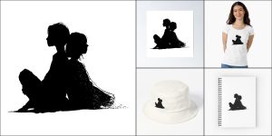 Collage of art featuring back to back figures in silhouette form.