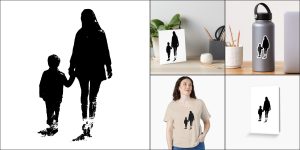 Silhouette image of a female adult walking with a child.
