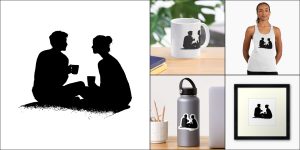 A couple in silhouette form sitting together talking over coffee.