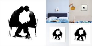 Silhouette of a couple sitting in hospital chairs facing each other touching foreheads.